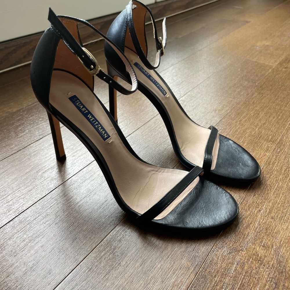 Stuart Weitzman Black Leather Nudistsong Sandal Heels